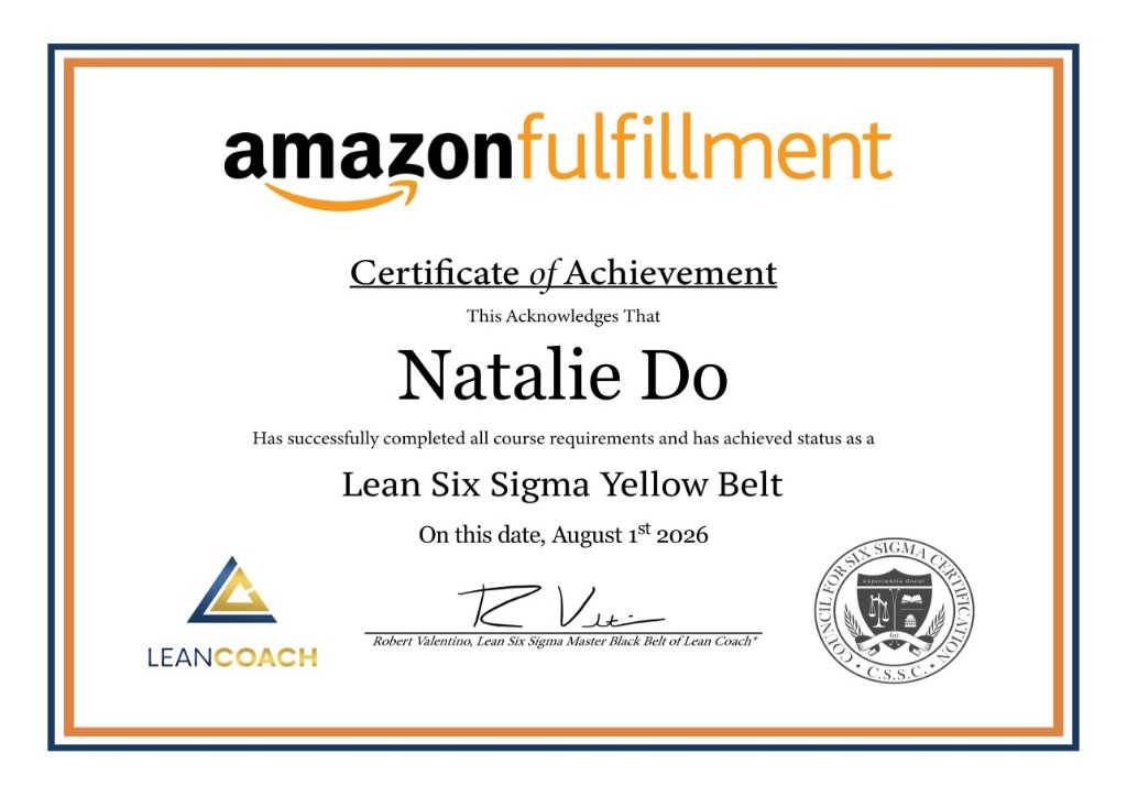 Amazon Fulfillment Certificate of Achievement: Lean Six Sigma Yellow Belt awarded to Natalie Do