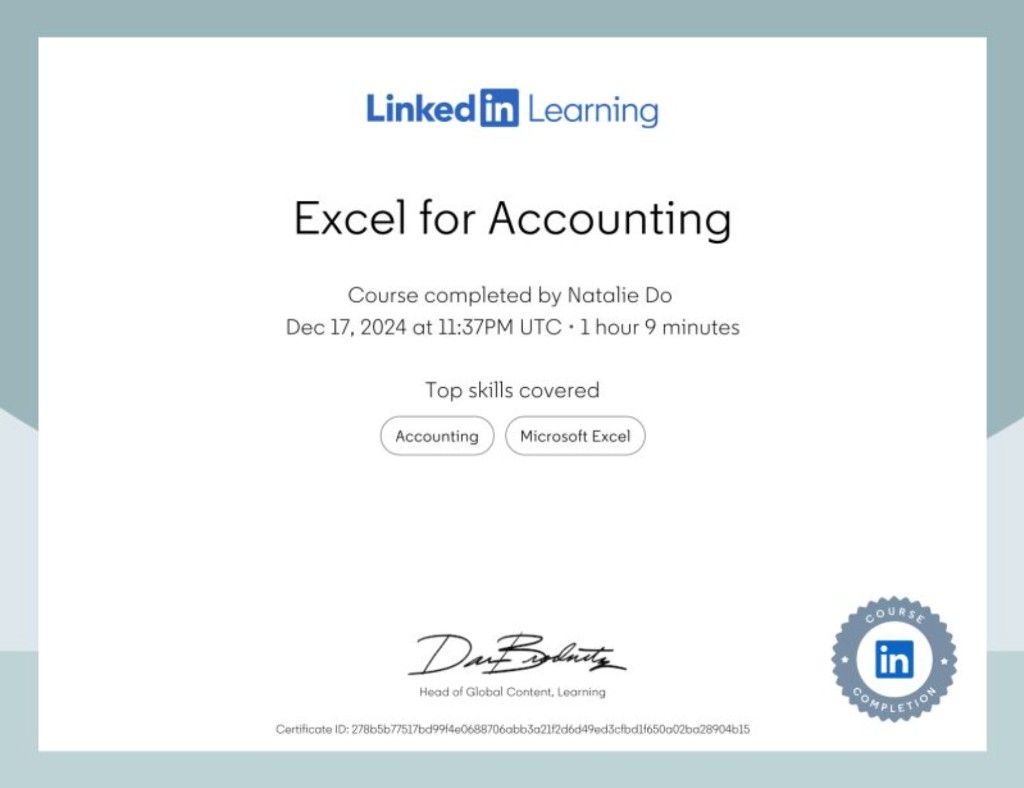 LinkedIn Learning Certificate of Completion: Excel for Accounting awarded to Natalie Do